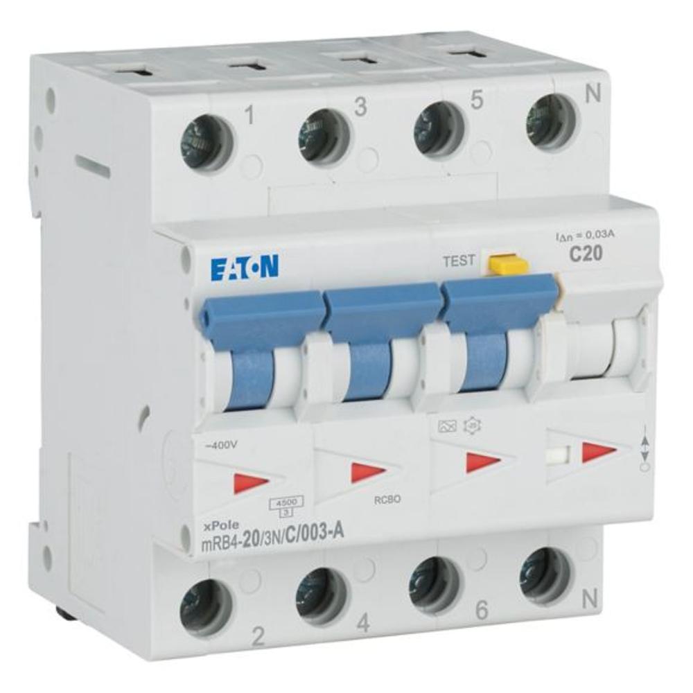 mRB4-20/3N/C/003-A Дифференциальный автоматический выключатель 20/0,03А, кривая отключения С, 3+N полюсов, откл. способность 4,5 кА
