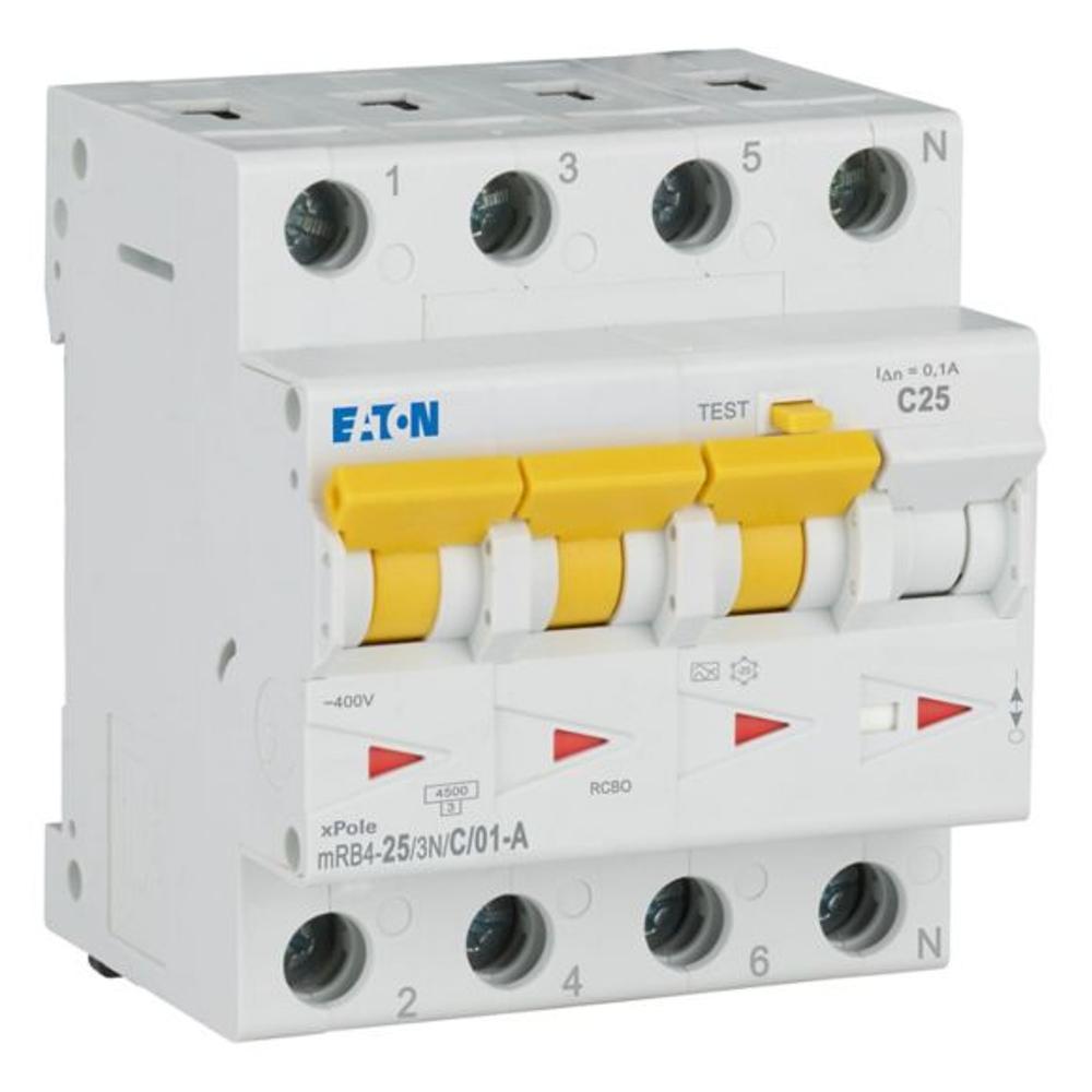 mRB4-25/3N/C/01-A Дифференциальный автоматический выключатель 25/0,1А, кривая отключения С, 3+N полюсов, откл. способность 4,5 кА