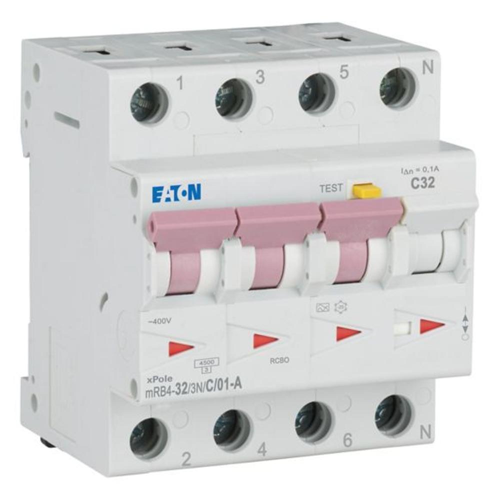 MRB4-32/3N/C/01-A Дифференциальный автоматический выключатель, 4,5 кА, 32А, 3+N полюса, 100 мА, харкатеристика С, чувствительность А