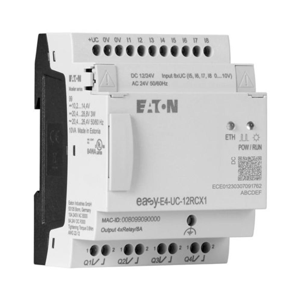 EASY-E4-UC-12RCX1 Программируемое реле 12/24V AC/DC, цифровые 8 DI (4 могут использоваться как как аналог.), 4DO реле 8A, часы реального времени, Ethernet RJ45