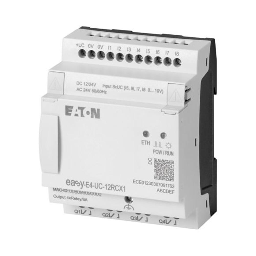 EASY-E4-UC-12RCX1 Программируемое реле 12/24V AC/DC, цифровые 8 DI (4 могут использоваться как как аналог.), 4DO реле 8A, часы реального времени, Ethernet RJ45