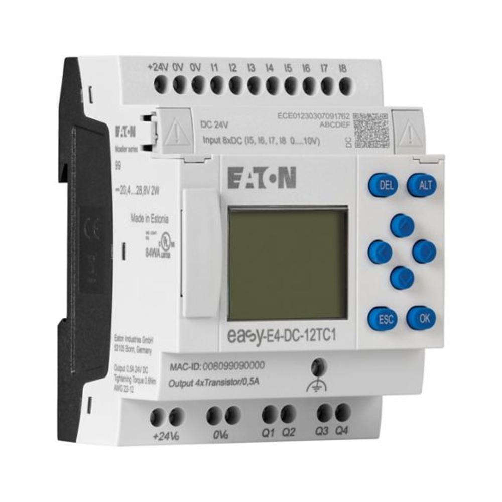EASY-E4-DC-12TC1 Программируемое реле 24V DC, цифровые 8 DI (4 могут использоваться как как аналог.), 4DO транзист., дисплей+клавиатура, часы реального времени, Ethernet RJ45