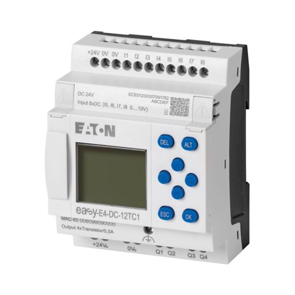 EASY-E4-DC-12TC1 Программируемое реле 24V DC, цифровые 8 DI (4 могут использоваться как как аналог.), 4DO транзист., дисплей+клавиатура, часы реального времени, Ethernet RJ45