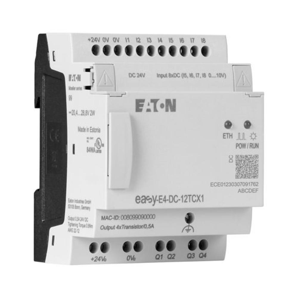 EASY-E4-DC-12TCX1 Программируемое реле 24V DC, цифровые 8 DI (4 могут использоваться как как аналог.), 4DO транзист., часы реального времени, Ethernet RJ45