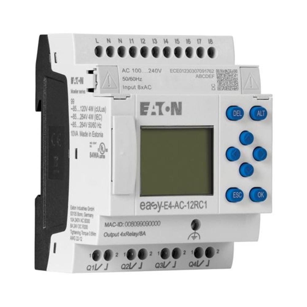 EASY-E4-AC-12RC1 Программируемое реле 100/240V AC/DC, цифровые 8 DI, 4DO, реле 8А, дисплей+клавиатура, часы реального времени, Ethernet RJ45