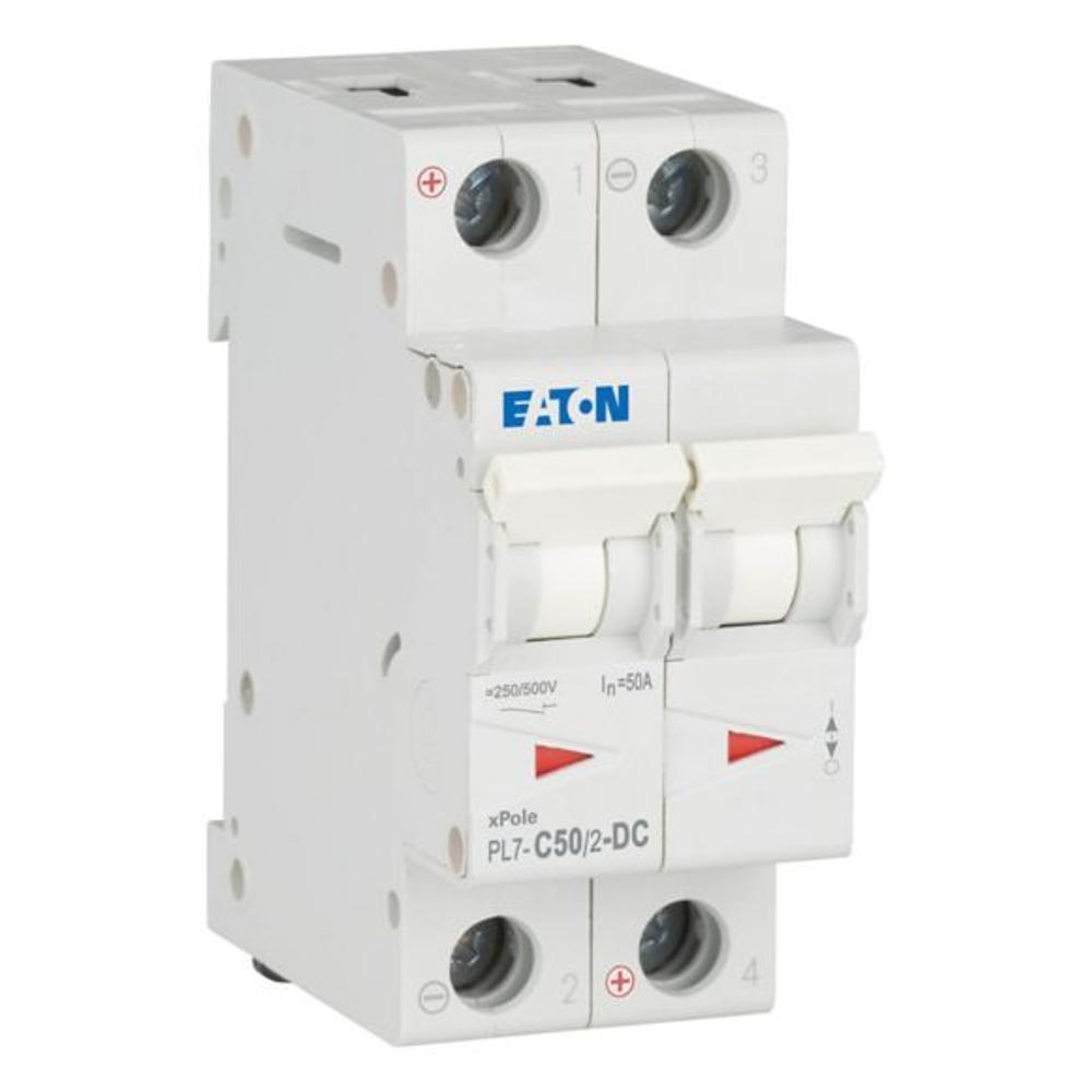 PL7-C50/2-DC Автоматический выключатель для защиты цепей пост. тока 50А, кривая отключения C, 2 полюса, откл. способность 10 кА